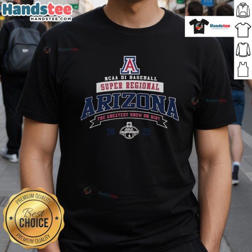 Official Arizona Wildcats 2025 NCAA Division I Baseball Super Regional Champions T-Shirt featuring team logo and colors.