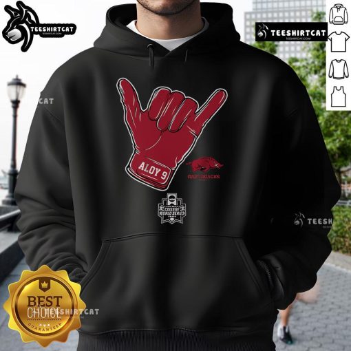 Official Arkansas Baseball Wehiwa Aloy CWS Shaka Hoodie featuring team logo and vibrant design for fans.