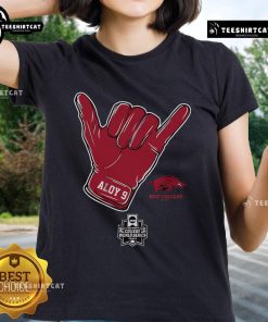 Alt Text: Official Arkansas Baseball Wehiwa Aloy CWS Shaka Ladies Tee featuring vibrant design and team spirit.