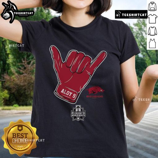 Alt Text: Official Arkansas Baseball Wehiwa Aloy CWS Shaka Ladies Tee featuring vibrant design and team spirit.
