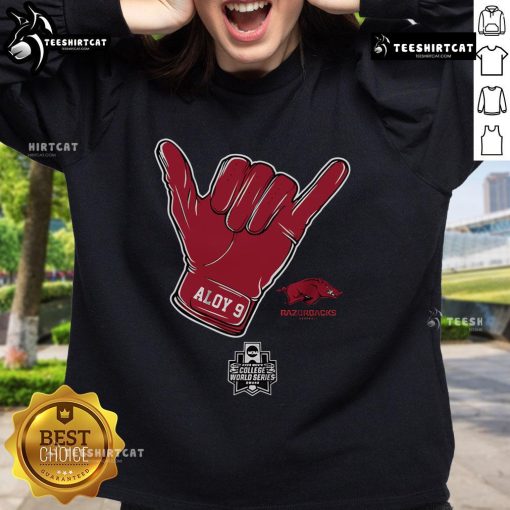 Official Arkansas Baseball Wehiwa Aloy CWS Shaka Sweatshirt featuring team colors and logo for fans and athletes.