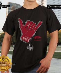 Alt Text: Official Arkansas Baseball Wehiwa Aloy CWS Shaka T-Shirt featuring vibrant design and team colors for fans.