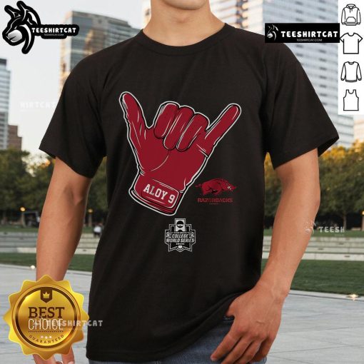 Alt Text: Official Arkansas Baseball Wehiwa Aloy CWS Shaka T-Shirt featuring vibrant design and team colors for fans.