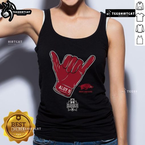 Official Arkansas Baseball Wehiwa Aloy CWS Shaka Tank Top featuring vibrant design and comfortable fit for fans.