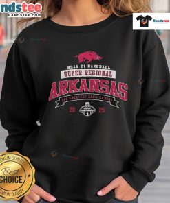 Official Arkansas Razorbacks 2025 NCAA Division I Baseball Super Regional Champions Sweatshirt in team colors and logo.