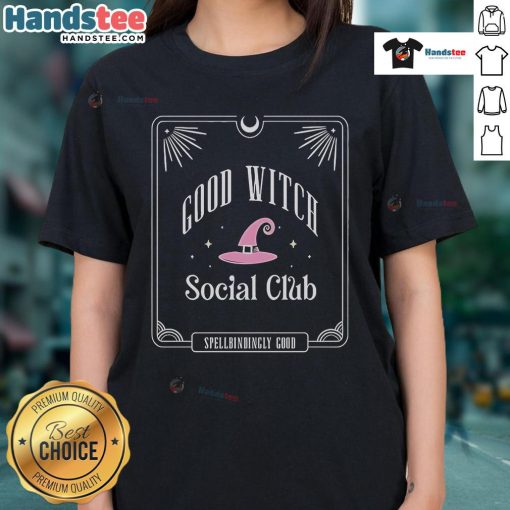 Alt Text: Official Attitude Clothing Good Witch Social Club Ladies Tee featuring a stylish design for witchy fashion lovers.