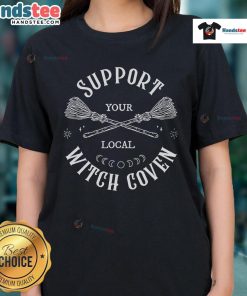 Official Attitude Clothing Support Your Local Witch Coven Ladies Tee in black, featuring a stylish witch-themed design.