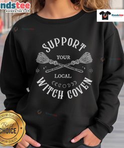 Alt Text: Official Attitude Clothing Support Your Local Witch Coven Sweatshirt in black, featuring a witchy graphic design.