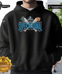 Official Auburn Tigers vs Coastal Carolina 2025 NCAA Baseball Super Regional Hoodie featuring team logos and colors.