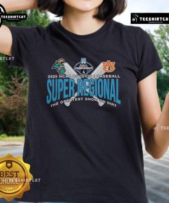 Official Auburn Tigers vs Coastal Carolina 2025 NCAA Baseball Super Regional Ladies Tee featuring team colors and logo.