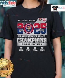 Florida Panthers 2025 Eastern Conference Champions skyline ladies tee featuring vibrant team colors and logo design.