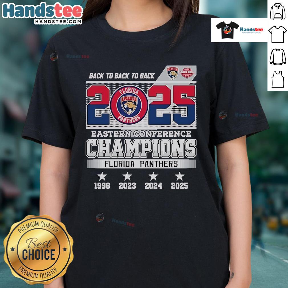 Official Back To Back To Back 2025 Eastern Conference Champions Florida Panthers Skyline Ladies-Tee Florida Panthers 2025 Eastern Conference Champions skyline ladies tee featuring vibrant team colors and logo design.