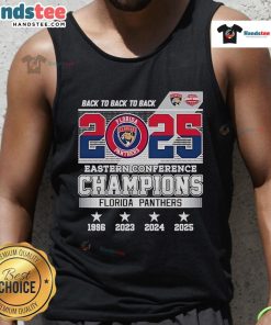 Alt Text: Florida Panthers Back-to-Back-to-Back 2025 Eastern Conference Champions skyline tank top for fans.