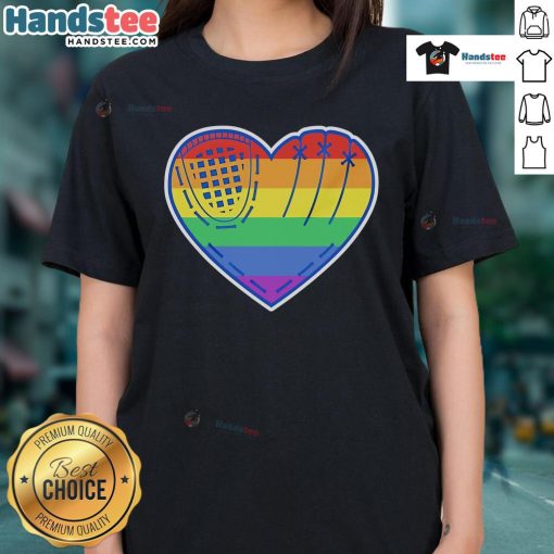 Official Baseball Heart LGBT Pride Ladies Tee featuring a colorful heart design celebrating love and inclusivity.