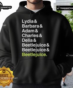 Official Beetlejuice hoodie featuring Lydia, Barbara, Adam, Charles, and Delia names in vibrant graphics.
