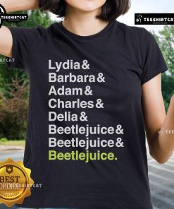 Official Beetlejuice Lydia, Barbara, Adam, Charles, and Delia names tee featuring iconic characters from the classic film.