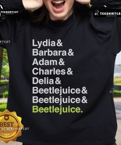 Official Beetlejuice sweatshirt featuring Lydia, Barbara, Adam, Charles, and Delia names in a stylish design.