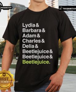 Official Beetlejuice T-shirt featuring Lydia, Barbara, Adam, Charles, and Delia names in colorful, stylish design.