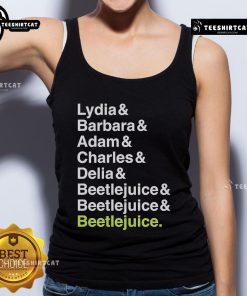 Official Beetlejuice tank top featuring Lydia, Barbara, Adam, Charles, and Delia names in vibrant design.
