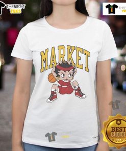 Official Betty Boop x Market Studios Dunking Ladies Tee showcasing a vibrant graphic of Betty Boop playing basketball.