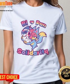 Alt Text: Official Bi Love Pan Solidarity Ladies Tee featuring vibrant colors and inclusive design for LGBTQ+ pride.