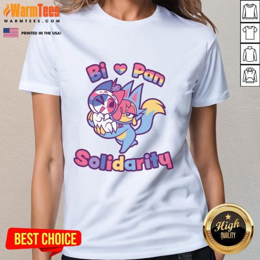 Alt Text: Official Bi Love Pan Solidarity Ladies Tee featuring vibrant colors and inclusive design for LGBTQ+ pride.