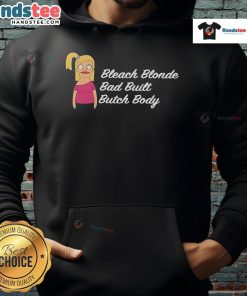 Official Bleach Blonde Bad Built Butch Body Hoodie displayed on a mannequin, showcasing its unique style and vibrant color.