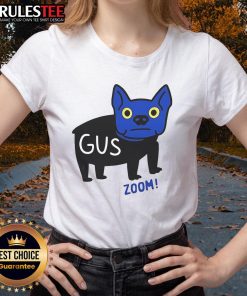 Official Blue Dog Cartoon Gus Zoom Ladies Tee featuring vibrant blue dog design on a stylish women's shirt.
