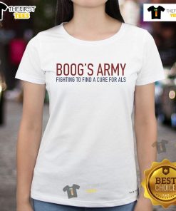 Official Boogs Army Ladies Tee supporting ALS awareness and research for a cure with bold design and vibrant colors.