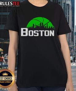 Official Boston Celtics cityscape skyline style 2025 ladies tee showcasing vibrant design and team spirit.
