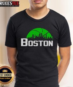 Official Boston Celtics Cityscape Skyline Style 2025 T-Shirt featuring iconic Boston skyline and team colors.