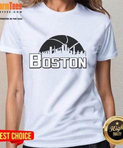Official Boston Cityscape Skyline Ladies Tee featuring a stylish design of Boston's iconic skyline.