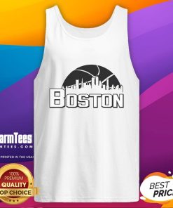 Alt Text: Official Boston Cityscape Skyline Tank Top featuring a vibrant graphic of Boston's iconic skyline.