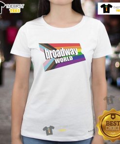 Official BroadwayWorld.com logo on a Pride-themed ladies tee, celebrating LGBTQ+ representation in theater.