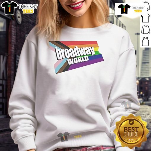 Alt Text: Official BroadwayWorld.com logo on a vibrant Pride sweatshirt, celebrating diversity and inclusion in theater.