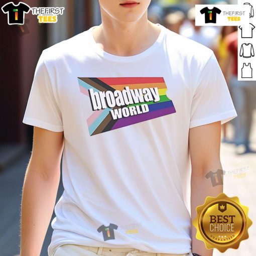 Official BroadwayWorld.com Pride T-Shirt featuring vibrant rainbow logo, celebrating inclusivity in theater and LGBTQ+ pride.