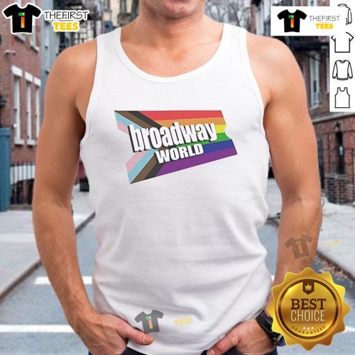 Official BroadwayWorld.com logo on a vibrant Pride tank top celebrating diversity and inclusivity in theater.