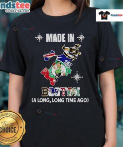Official Boston sports logos for Bruins, Patriots, Celtics, and Red Sox on a stylish ladies tee, celebrating local pride.