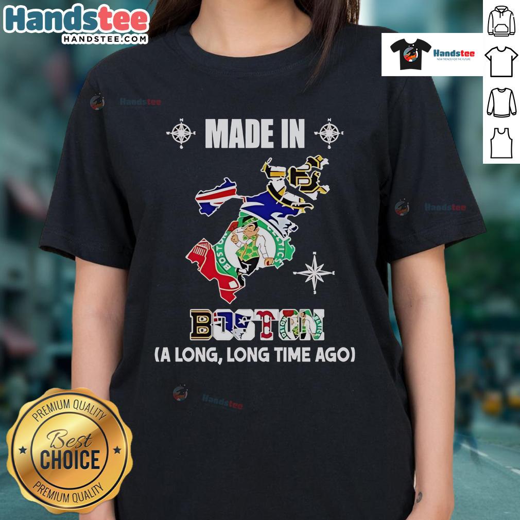 Official Bruins Patriots Celtics Red Sox Made In Boston A Long And Long Time Ago Logos In Map Ladies-Tee Official Boston sports logos for Bruins, Patriots, Celtics, and Red Sox on a stylish ladies tee, celebrating local pride.