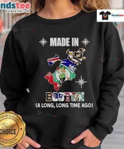 Made in Boston sweatshirt featuring Bruins, Patriots, Celtics, and Red Sox logos on a map design.