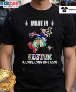 Boston sports team logos: Bruins, Patriots, Celtics, Red Sox on a vintage map t-shirt, celebrating Boston pride.