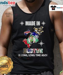 Made in Boston tank top featuring logos of Bruins, Patriots, Celtics, and Red Sox in a vintage map design.