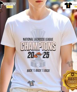 Alt Text: Official Buffalo Bandits NLL Champions 2025 Back To Back To Back logo T-shirt celebrating lacrosse victory.