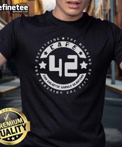 Alt Text: Official Cafe 42 Pan Galactic Gargle Blasters T-Shirt featuring The Meaning Of Life The Universe And Everything design.