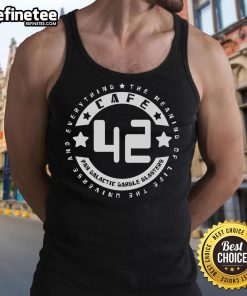 Official Cafe 42 Pan Galactic Gargle Blasters tank top featuring 'The Meaning of Life, The Universe, and Everything' design.