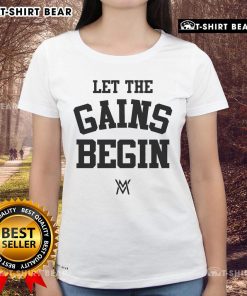 Alt Text: Official Calum Von Moger Let the Gains Begin Ladies Tee, featuring a stylish design perfect for fitness enthusiasts.