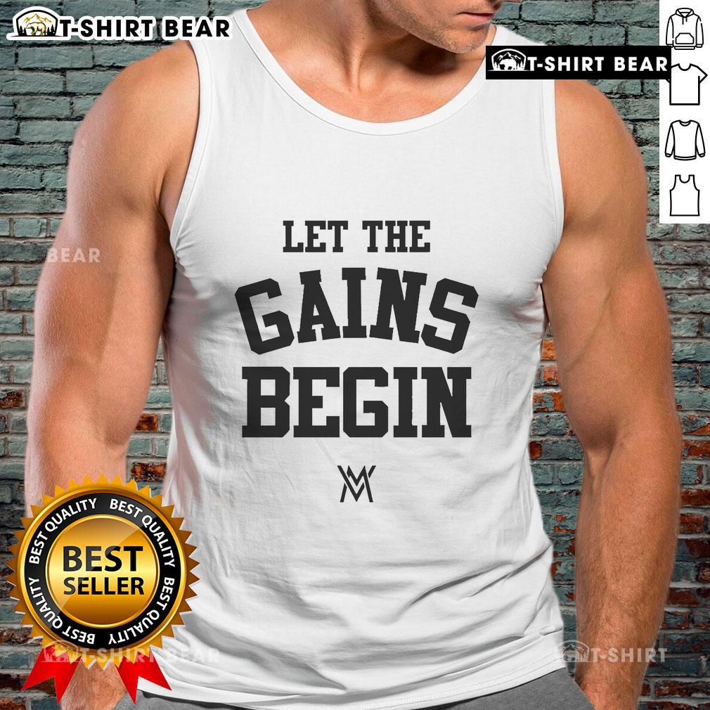 Official Calum Von Moger Let The Gains Begin Tank Top Alt Text: Calum Von Moger wearing 'Let The Gains Begin' tank top, showcasing fitness style and motivation for gym enthusiasts.