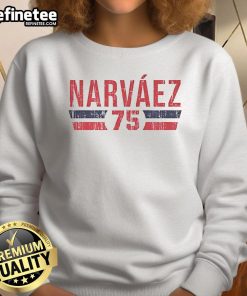 Official Carlos Narvaez 75 Boston Font Vintage Sweatshirt in a classic gray design, perfect for casual wear.