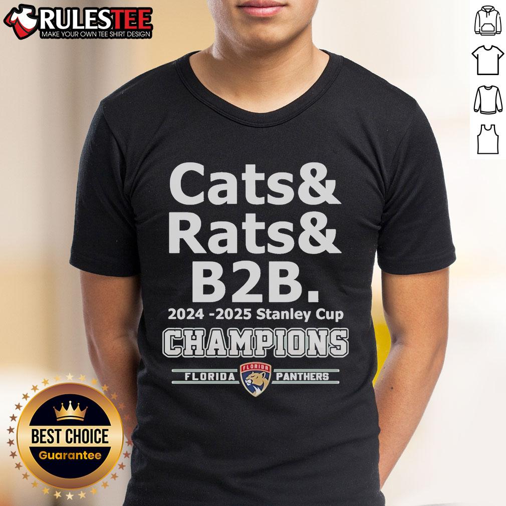 Official Cats & Rats B2B 2024-2025 Stanley Cup Champion Florida Panthers T-Shirt Alt Text: Official Cats & Rats B2B 2024-2025 Stanley Cup Champion Florida Panthers T-Shirt featuring team logo and colors.