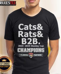 Alt Text: Official Cats & Rats B2B 2024-2025 Stanley Cup Champion Florida Panthers T-Shirt featuring team logo and colors.